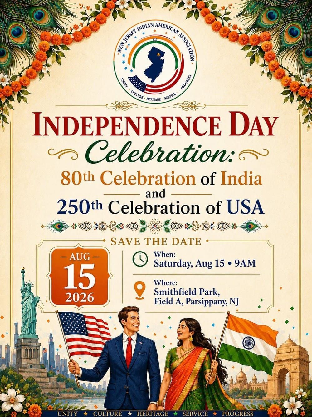 Event flyer for 250th US Anniversary & Indian 80th Independence Day Celebration